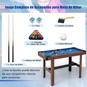 Mesa de bilhar de 122 cm para crianças e adultos Mesa de madeira com conjunto de bolas 2 paus de bilhar 2 gizes Triângulo Escova de bar Azul