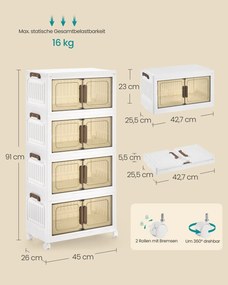 Caixas de armazenamento em Plástico 26 x 45 x 91 cm empilháveis com rodas e tampa Branco-Castanho transparente