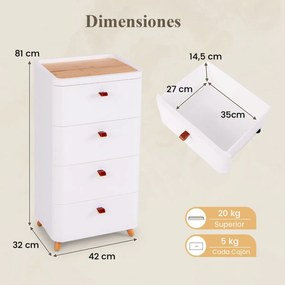 Armário de 4 gavetas vertical com tabuleiro organizador amovível para quarto Sala de estar Casa de banho Escritório Branco