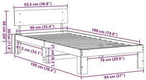Estrado de Cama com Cabeceira Castanho 90x190 cm Madeira de Pinho Sóli
