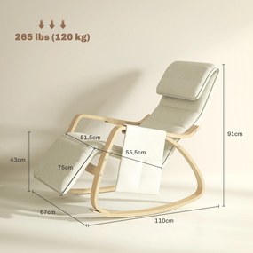 Cadeira relaxante basculante com apoio para os pés ajustável, bolso lateral e apoio para a cabeça, branco creme