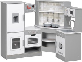 AIYAPLAY Cozinha de Madeira para Crianças com Sons Forno Lavatório Micro-Ondas Máquina de Gelo e Acessórios 110x80x91 cm Cinza | Aosom Portugal