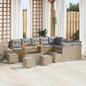 vidaXL Conjunto de Sofá de Jardim de 13 Peças com Almofadas Beiges em Rattan Sintético e Acácia