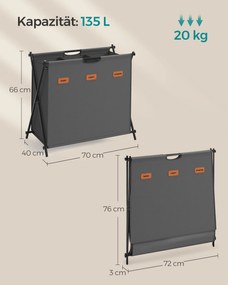 Cesto para roupa suja 135 litros com 3 compartimentos cinza ardósia