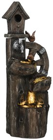 Outsunny Fonte de Jardim 2 em 1 com Casa para Pássaros Fonte de Água com Luzes LED Bomba Fonte Decorativa com Troncos de Árvore Multicor