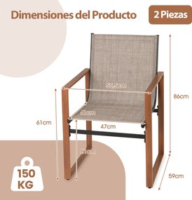 Conjunto de 2 cadeiras de jantar de jardim com encosto e apoios de braços em tecido Castanho