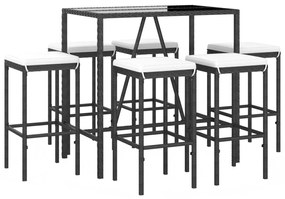 7 pcs conjunto de bar para jardim c/ almofadões vime PE preto