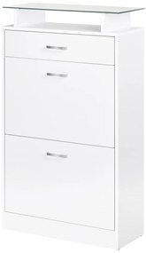 HOMCOM Móvel Sapateira de 2 Portas Sapateira Estreito para 12 Pares de Sapatos com Gaveta Prateleira Aberta e Bancada de Vidro para Corredor Entrada Carga Máx. 50kg 60x24x105,5cm Branco