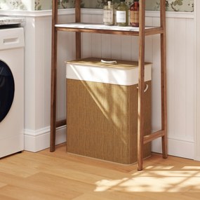 Cesto de Roupa com Tampa 100L de Bambu com 2 Compartimentos Bolsa Interior Amóvivel 52x32x63 cm Castanho e Creme