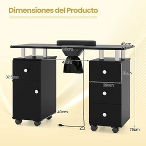 Mesa de Manicura, 108 x 45 x 76 cm, Coletor de Pó Elétrico, Preto