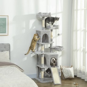Arranhador para gatos com torre de brincadeiras: 3 plataformas, 2 compartimentos abertos, 2 camas, 2 redes e 1 escada; altura: 177 cm; cinzento claro
