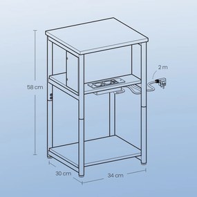 Mesa de apoio,  mesa de cabeceira (CESTO NÃO INCLUIDO) com com 2 tomadas e 2 portas USB 30 x 34 x 58 cm castanho rústico e preto