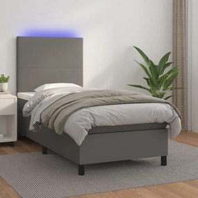 Cama box spring c/ colchão/LED 90x190 cm couro artificial cinza