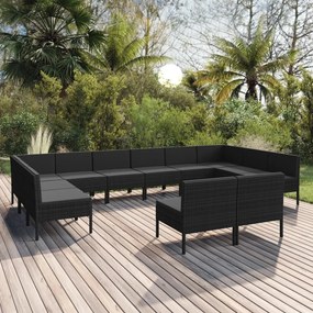 vidaXL 12 pcs conjunto lounge de jardim c/ almofadões vime PE preto