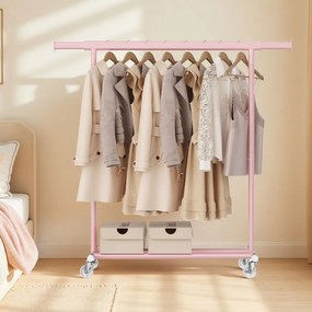 Charriot guarda roupa aberto com rodas 45 x (92-132) x 161,5 cm (P x L x A), barra extensível para roupa Rosa