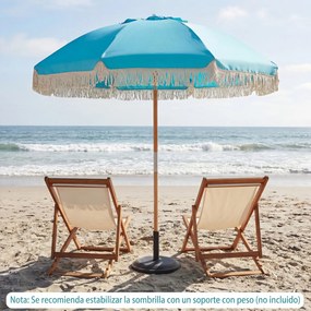 Guarda-sol de praia grande, 173 cm, mastro de madeira, 8 varas de fibra de vidro, inclinável, com borlas, para exterior e jardim, azul