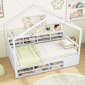 Cama Casa de crianças 201 x 126 x 170 cm de madeira plataforma com 14 cubos de arrumação branco