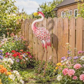 Estátua de jardim de flamingo rosa, escultura de ave em metal com penas florais, 28 x 19 x 83 cm, vermelho