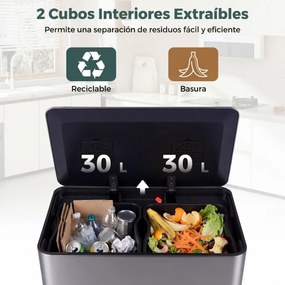 Cubo do lixo de 60 L para cozinha 54 x 34 x 67 cm com 2 compartimentos, tampa com pedal e alças laterais Prata