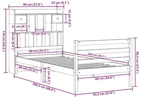 Cama com estante sem colchão 90x200cm pinho maciço castanho-mel