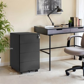 Bloco gavetas escritório com rodas e 4 gavetas 45 x 39 x 55 cm (P x L x A) Preto