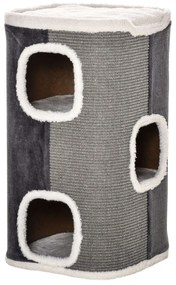 PawHut Arranhador em Forma de Cilindro para Gatos com 3 Cavernas de Sisal e Pelúcia Plataforma de Velo 40x40x74cm Cinza