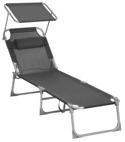 SONGMICS Espreguiçadeira, Cama de Sol, Cadeira de Sol Reclinável, com Apoio de Cabeça, Encosto Ajustável, Guarda-Sol, Leve, Dobrável, 53 x 193 x 29,5 cm, Capacidade de Carga 150 kg, para Jardim, Cinza Escuro GCB19UV1