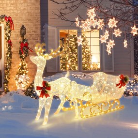 Conjunto de Rena e Trenó do Pai Natal, 50 x 184 x 123 cm, Pré-iluminado com 215 Luzes LED, Branco