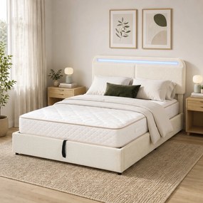 Cama de Casal com Arrumação, 199 x 154 x 108 cm (COLCHÃO NÃO INCLUIDO), Iluminação LED RGB, Creme