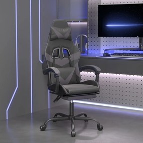 Cadeira gaming giratória c/ apoio pés couro artif. preto/cinza