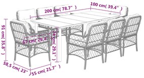 9 pcs conjunto de jantar p/ jardim c/ almofadões vime PE cinza