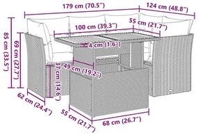 5 pcs conjunto sofás de jardim c/ almofadões vime PE cinzento