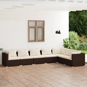 7 pcs conjunto lounge jardim c/ almofadões vime PE castanho