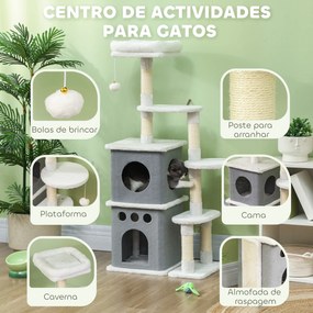 Arranhador para Gatos 126 cm com Caverna Plataformas Bolas Suspensas e Poste de Sisal 56x34x126 cm Cinza e Creme