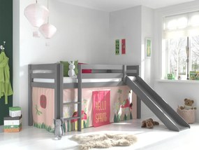 Conjunto Cama alta de Criança PINO 90 x 200 cm + estrado + escada + escorrega + cortina Primavera Cinzenta