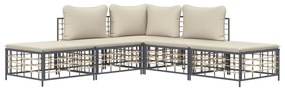 5 pcs conjunto lounge de jardim c/ almofadões vime PE antracite