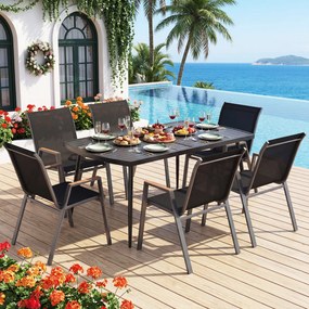 Mesa de jantar jardim retangular (CADEIRAS NÃO INCLUIDAS) 160 x 90 cm com orifício para guarda-sol de 4 cm, tampo com ripas metálicas, para pátio ou j