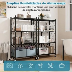 Estante dobrável de 4 níveis com rodas metálica organizadora para cozinha, sala de estar, oficina, garagem Preto