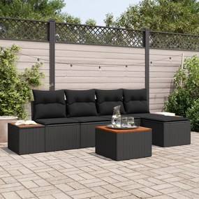 Conjunto de Sofá de Jardim de 6 Peças com Almofadas Pretas de Rattan de Polietileno e Acácia