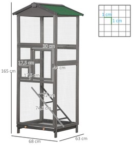 Gaiola para Pássaros Grande 68x63x165 cm Gaiola de Madeira de Abeto com 2 Portas Bandeja Amovível e Teto Asfáltico Cinza