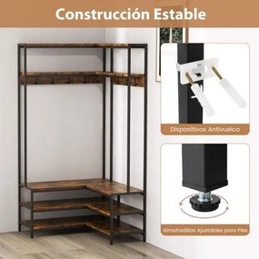 Cabide Guarda roupa aberto de canto com prateleiras abertas e ganchos Banco para sapatos Estrutura metálica sólida 90 x 90 x 178 cm Castanho rústica