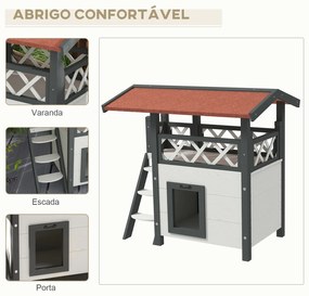 Casa para Gatos de Madeira 77x50x73cm Casa para Gatos com 2 Níveis com Teto Asfáltico Terraço Cercado Caverna e Escada Branco