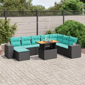 vidaXL 9 pcs conjunto de sofás p/ jardim c/ almofadões vime PE preto