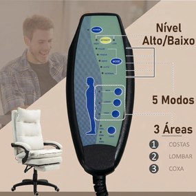 Cadeira de Secretária com Massagem, Altura Ajustável, Encosto Reclinável, Apoio para os Pés e Rotação 360°, Creme
