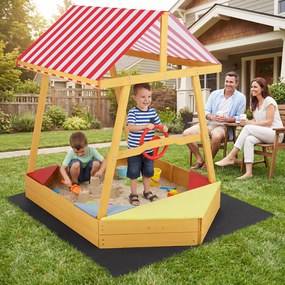 Caixa de areia infantil em madeira de abeto 135 x 103 x 140 cm, em forma de barco, com toldo em poliéster, volante giratório, 4 assentos e tapete, Ver