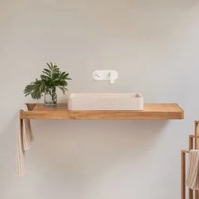 Conjunto De Móvel De Casa De Banho 130x45 Cm Suspenso Em Madeira De Teca Neill Madeira De Teca & Sem Espelho & Branco Para Pia Embutida Com Válvula De