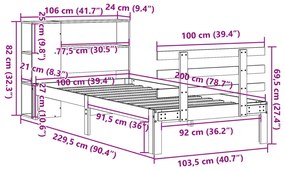 Cama c/ estante sem colchão 100x200cm pinho maciço castanho-mel
