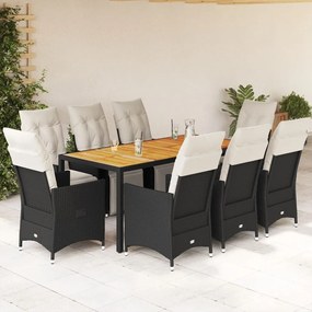 9 pcs conjunto de jantar p/ jardim c/ almofadões vime PE preto