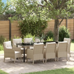 Conjunto de Jantar de Jardim com Almofadas de 9 Peças Bege Vime Sintét