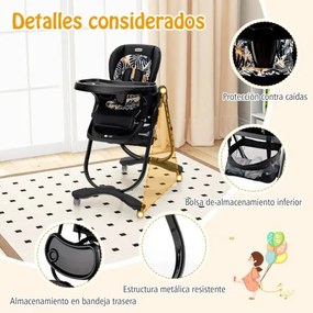Cadeira alta dobrável refeição para bebés com rodas giratórias, 7 alturas ajustáveis, apoio para os pés, encosto, apoio para os pés e encosto em preto